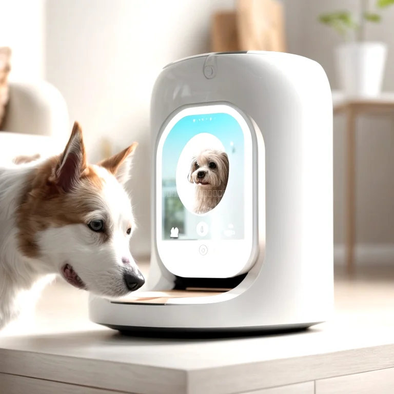 AI pet monitoring device displaying health statistics on a smartphone